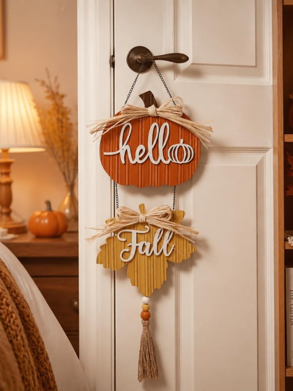 New: Hello Fall - Pumpkin and Leaf Farmhouse Decor